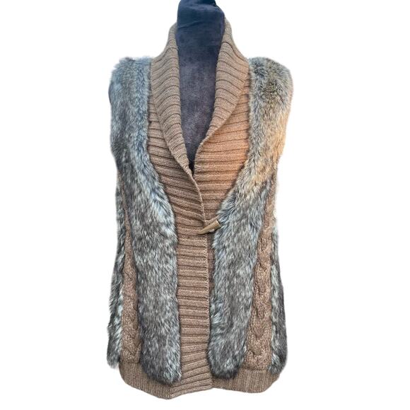 Mob Wife Chic Faux Fur Cable Knit Gilet Vest Western Tan Brown Sz 12 - Picture 1 of 9